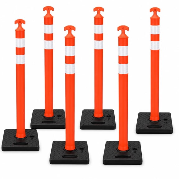 6 Pack 42 Inch Traffic Delineator Cones with Water-Fillable Base, Orange Reflective Safety Delineator Posts for Construction, Parking Lots, Road Traffic Control & Crowd Management