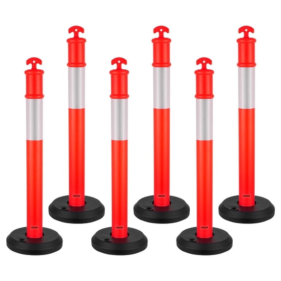 6 Pack 48 Inch Heavy Duty Traffic Delineator Posts with Fillable Base and Reflective Strips for Construction Parking Lot and Crowd Control Red