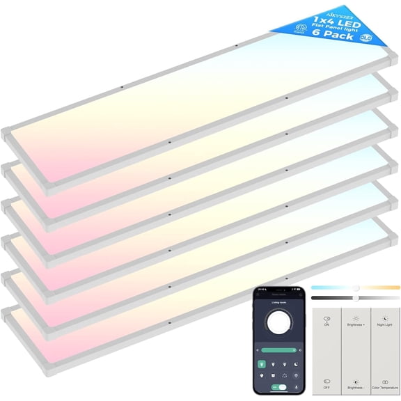 6 Pack 4FT LED Flat Panel Light Surface Mount, Wireless Switch App Control, 50W 5500LM, 3 Color Dimmable Ultra-Thin Ceiling Light for Office Home