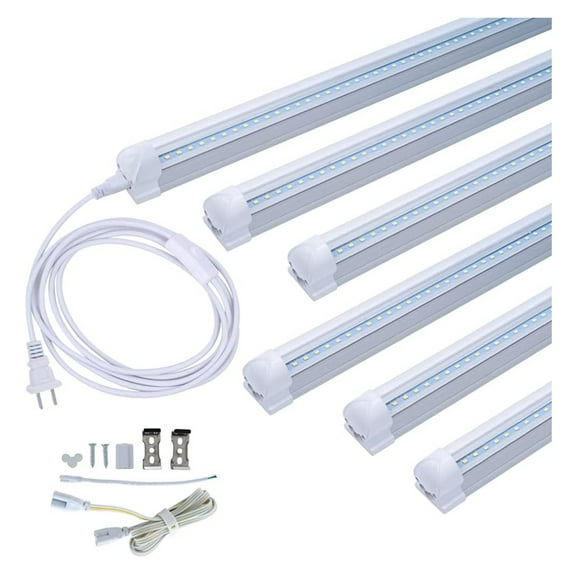 6-Pack 4FT T8 Led Integrated Tube Light Fixture 24W Bright White 6000K 4 Foot Shop Single Strip Connectable Bulb Clear Cover for Household, Garage and Under Cabinet