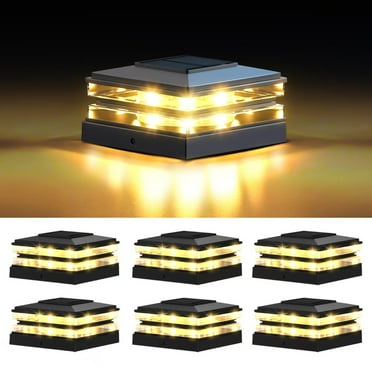 [6 Pack] 4x4 Solar Post Cap Lights Outdoor Waterproof Fence Deck Post Lights with High-Brightness LEDs, Dual Light Modes Warm & Cool White. (Black,6)
