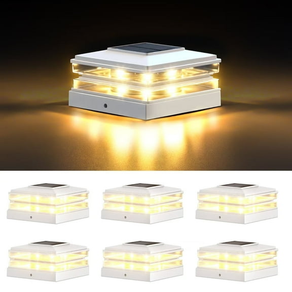 [6 Pack] 4x4 Solar Post Cap Lights Outdoor Waterproof Fence Deck Post Lights with High-Brightness LEDs, Dual Light Modes Warm & Cool White. (White,6)