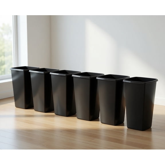 6-Pack 5.5 Gallon / 22 Quart / 20.82 L Rectangular Plastic Open Top Wastebasket Trash Can, Black - Compact Slim Design for Home, Office, Bathroom, Bedroom