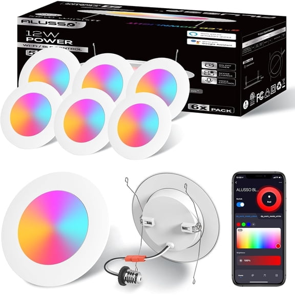 6 Pack 5/6 Inch Smart LED Recessed Lights  RGB Color Changing, 1100LM Dimmable, Wi-Fi & Bluetooth, Smart Retrofit Trim Can Lights Compatible with Alexa & Google Assistant, Dual Control