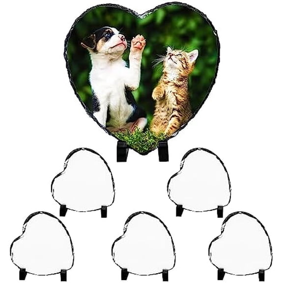 6 Pack 5.7" X5.7" Sublimation Slate Blanks,Heart Heat Thermal Transfer Stone Slate Picture Frame Plaque with Display Stand for Desktop Souvenir DIY Personalized Custom Gift Design