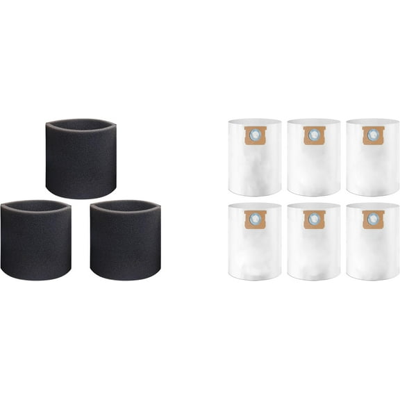 6-Pack 5-8 Gallon Disposable Filter Bags, Type E and 3-Pack Foam Filter Sleeve for Shop Vac 90585 90585-00,Fits Shop-Vac 5-8 Gallon Wet/Dry Vacuum Cleaners(6 Dust Bags+3 Foam Filters)