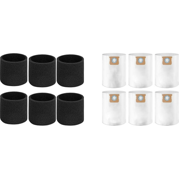 6-Pack 5-8 Gallon Disposable Filter Bags, Type E and 6-Pack Foam Filter Sleeve for Shop Vac 90585 90585-00,Fits Shop-Vac 5-8 Gallon Wet/Dry Vacuum Cleaners(6 Dust Bags+6 Foam Filters)