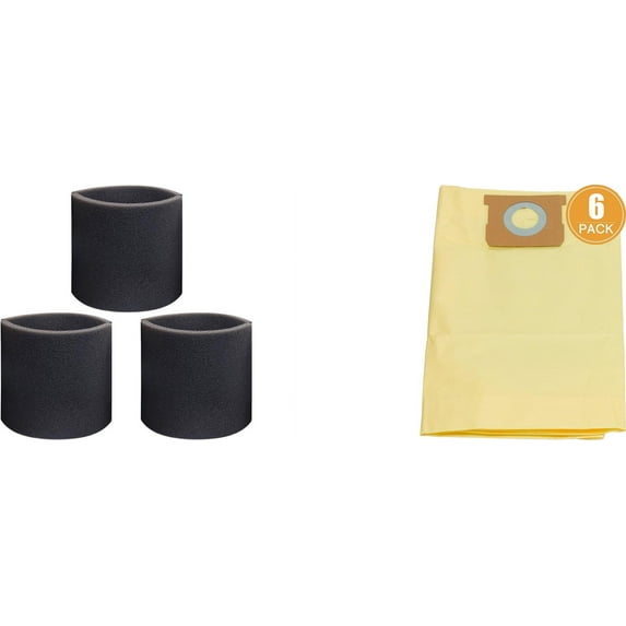 6 Pack 5-8 Gallon High Efficiency Filter Bag, 90671 and 3-Pack Foam Filter Sleeve for Shop Vac 90585 90585-00,Fits Shop-Vac 5-8 Gallon Wet/Dry Vacuum Cleaners(6 Dust Bags+3 Foam Filters)