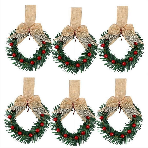 6 Pack 5" Christmas Mini Cabinet Wreaths with Ribbon Bows & Red Berries, Artificial Kitchen Decor, Farmhouse Wall Xmas Decorations for Window, Chairs, Fireplace, Stairs, Wall Hanging