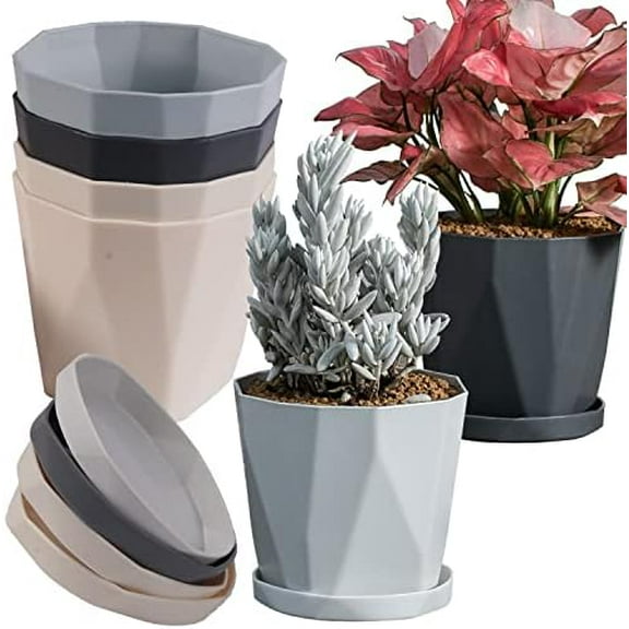 6-Pack 5 Inch Plastic Flower Pots with Saucers - Indoor/Outdoor Plant Containers with Drainage Holes for Garden, Patio & Home Decor