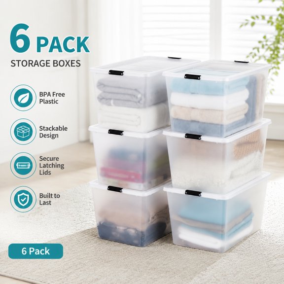 6-Pack 55 Quart Clear Storage Bins with Latching Lids, High-Capacity Clip Boxes for Home, Office & Classroom Organization