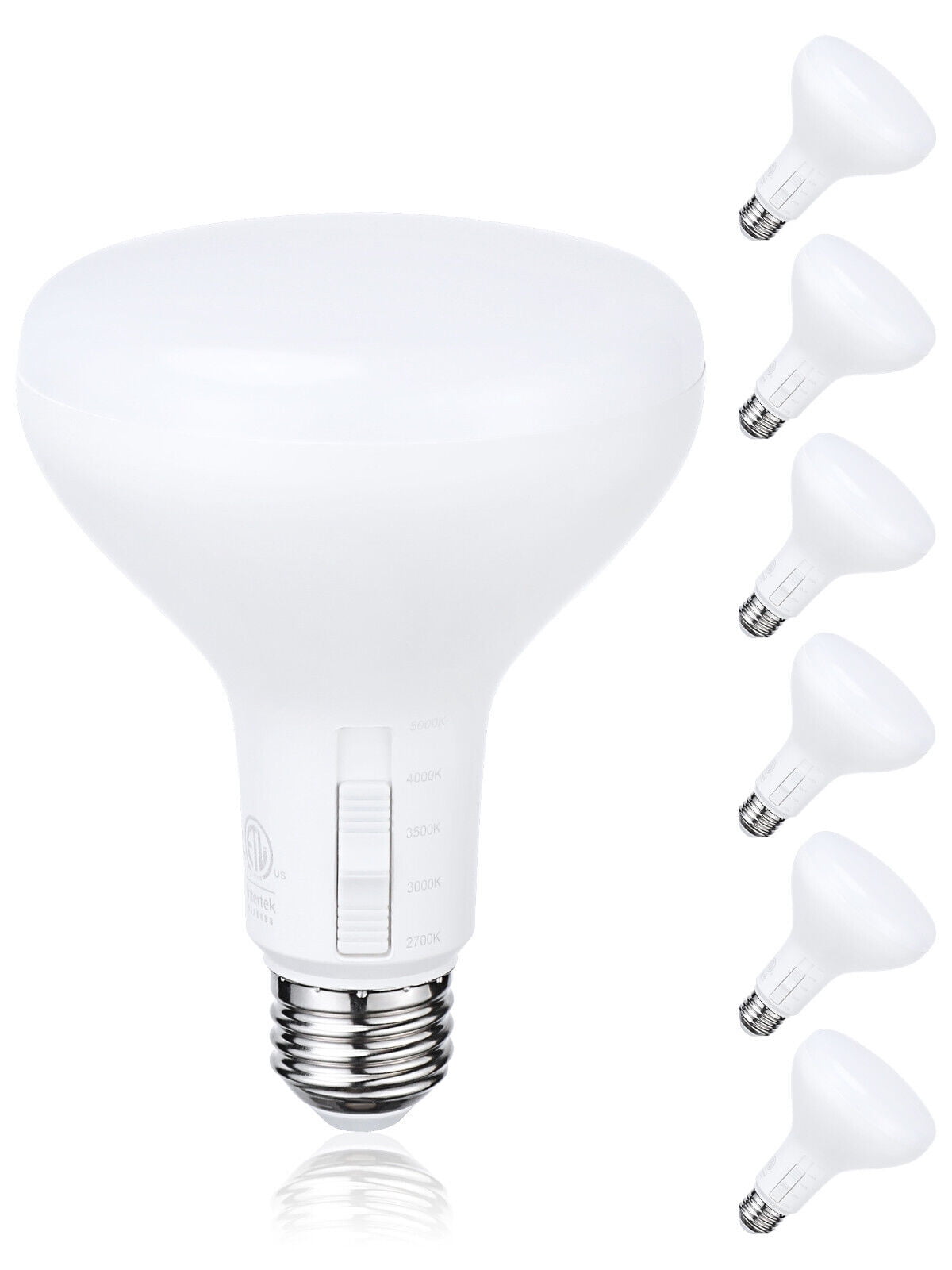 6 Pack 5CCT BR30 LED Light Bulbs, Dimmable, 6.5W, E26 Base, 2700K/3000K/3500K/4000K/5000K Selectable, Recessed Can Light Bulbs, UL FCC Listed