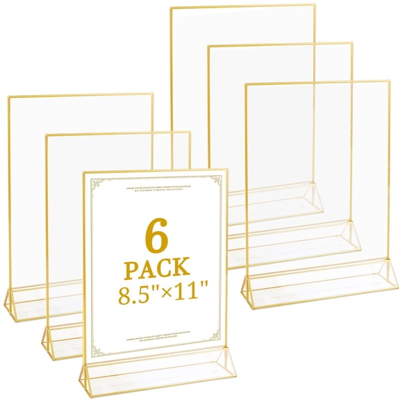 6 Pack 5x7 Inch Clear Acrylic Sign Holders, Double-Sided Gold Display Stand Picture Frames for Table Numbers, Menus, Flyers, Weddings, and Offices