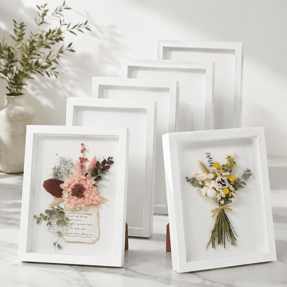 6 Pack 5x7 Inch White Shadow Box Frames, MDF Wood and Glass Display Cases
