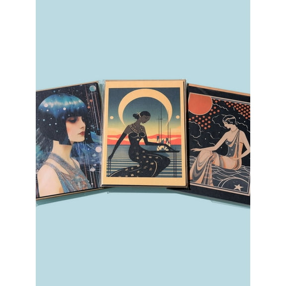 6-Pack, 5x7" Postcard + Self Seal Kraft Envelope: Combo Pack | Roaring 20s Art Deco Flapper, Vintage Eclectic Mod Lux Illustration, Zodiac Lunar Galaxy, Gallery Wall Art