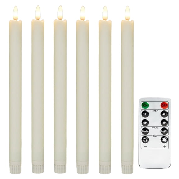 6 Pack 6.54in Flameless Taper Candles, Moving Flame Battery Operated LED Candles with Remote Timer, Ivory Real Wax Christmas Decorations Indoor