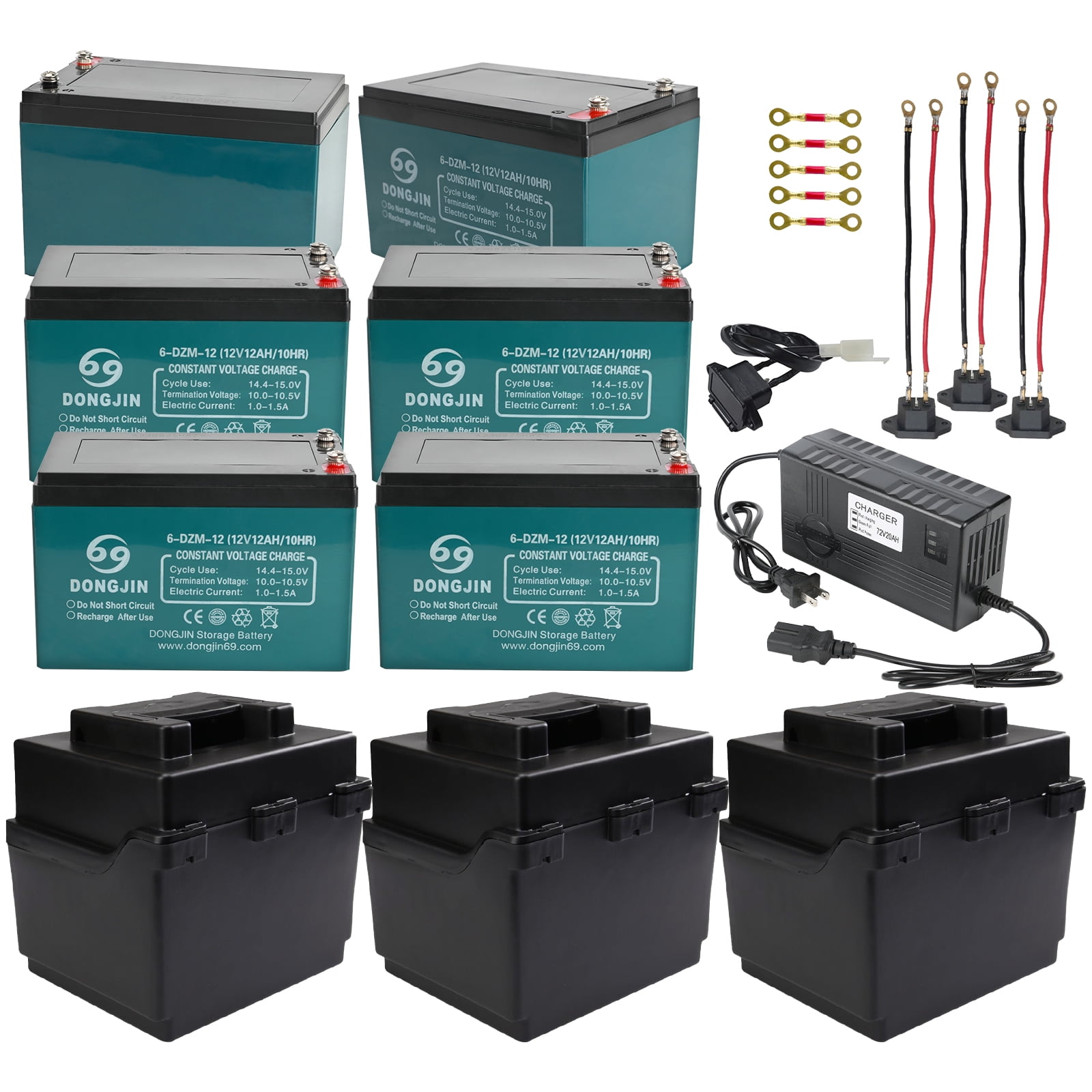 6 Pack 6-DZM-12 12V 12Ah Sealed Lead Acid Rechargeable Battery + Battery Box + 72V Battery Ch for Electric Bikes, Scooters, Go Karts, ATVs, and Dirt Bikes - Maintenance-Free, Ready to Use