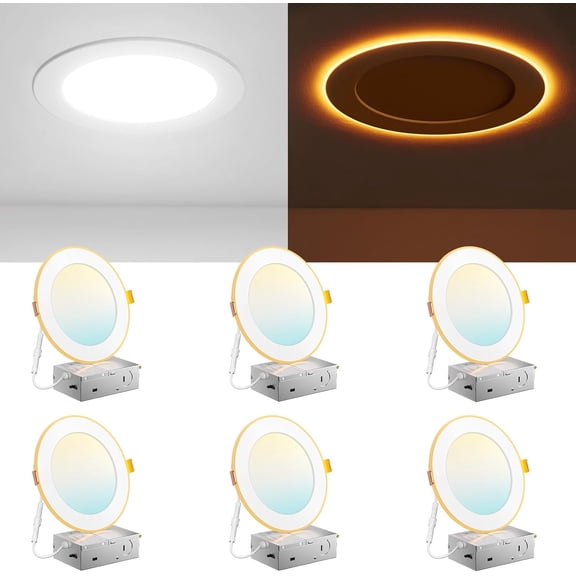 6 Pack 6 Inch 5CCT LED Recessed Ceiling Light with Night Light 2700K/3000K/3500K/4000K/5000K Selectable Ultra-Thin Recessed Lighting 12W=110W 1100LM Dimmable Canless Wafer Downlight ETL&FCC