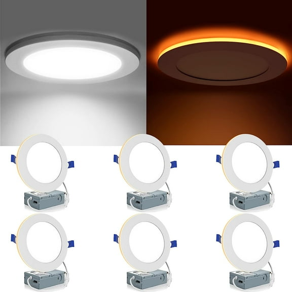 6 Pack 6 Inch 5CCT LED Recessed Lighting with Night Light, 2700K/3000K/3500K/4000K/5000K Selectable Ultra-Thin LED Recessed Ceiling Lights, 12W=110W, 1050LM, Dimmable Canless Wafer Downlight