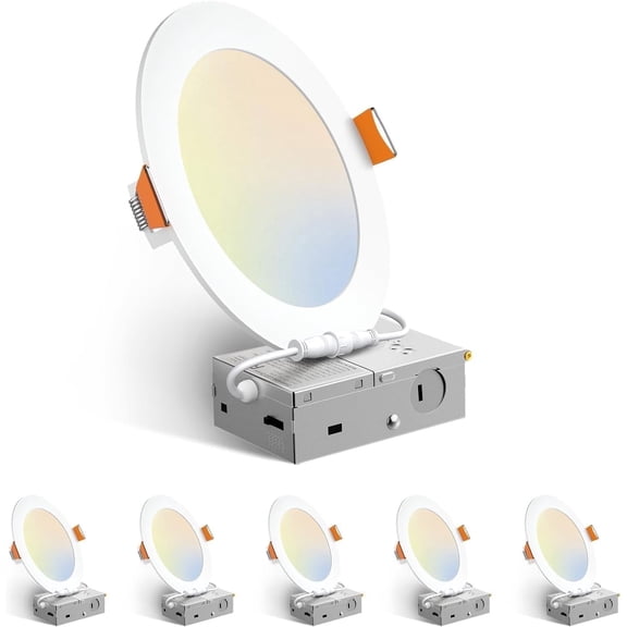 6 Pack 6 Inch 5CCT Ultra-Thin LED Recessed Ceiling Light with Junction Box, Dimmable Canless Wafer Downlight, 12W, 1050LM Brightness, ETL&FCC