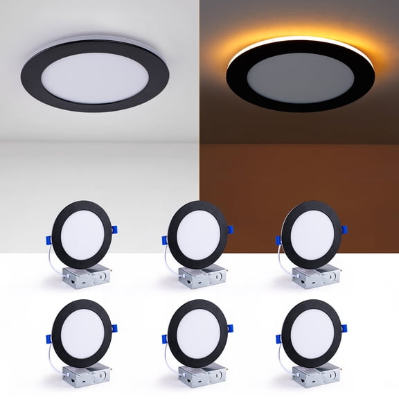 6 Pack 6 Inch Black LED Recessed Light, 5CCT 2700K-5000K, 1200LM 12W Dimmable, High Brightness Canless Wafer Light for Bedroom Living Room Kitchen