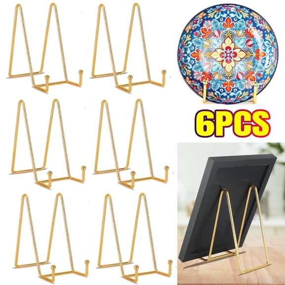 6 Pack 6 Inch Gold Plate Stands for Display, Metal Square Wire Easel Stand, Plate Holder Display Stands, Picture Frame Stands for Display Photos, Decorative Platter, Plaques and Table Arts