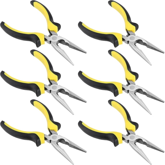 6 Pack 6 Inch Needle Nose Pliers, Spring Loaded Long Nose Pliers with Wire Cutter, Plastic Handle Needle Nose Pliers with Strippers for Cutter and Bending Wire, Black Yellow