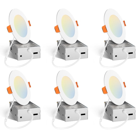 6 Pack 6 Inch Ultra-Thin LED Recessed Ceiling Light, 12W 1050LM 5CCT Selectable Dimmable Canless Wafer Downlight with Junction Box