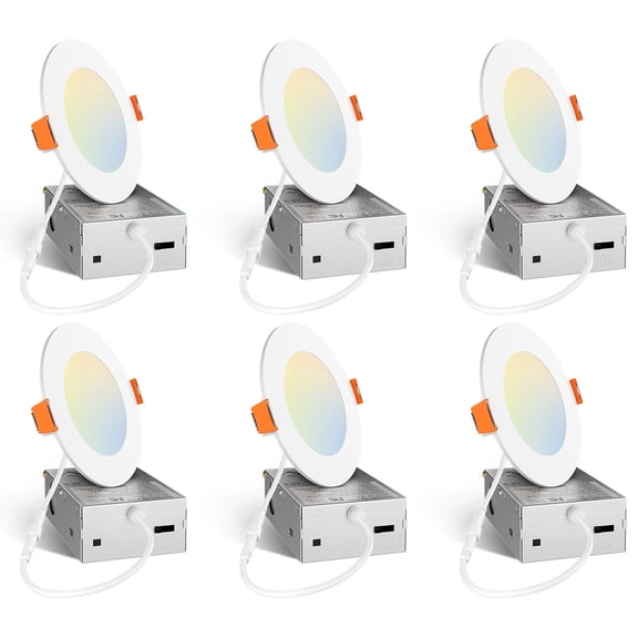 6 Pack 6 Inch Ultra-Thin LED Recessed Ceiling Light, 12W 1050LM 5CCT Selectable Dimmable Canless Wafer Downlight with Junction Box
