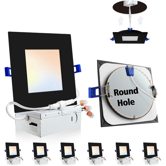 6 Pack 6 inch Square Led Recessed Lighting Black,5CCT Ultra Thin Square Led Ceiling Light with Junction Box, 2700K/3000K/3500K/4000K/5000K Selectable,Dimmable,ETL and Energy Star Certified