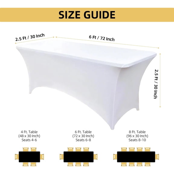 6-Pack 6ft White Spandex Table Covers for Rectangle Standard Folding Tables - Wrinkle Resistant Stretch Tablecloths - Ultimate Fitted Table Protector for Parties, Trade Shows, Wedding