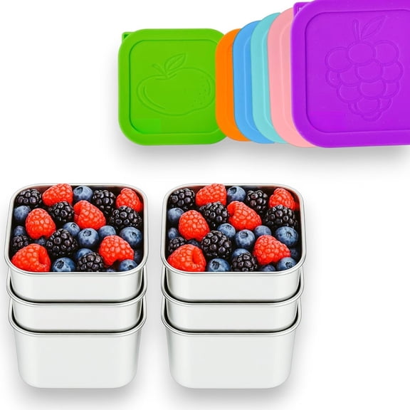 6-Pack 6oz Stainless Steel Snack Containers,Easy Open Leak-Proof  Storage with  , Stackable Metal Lunch Box,Small Snacks Containers Portable Travel & Picnic, Fruit-Designed Lid