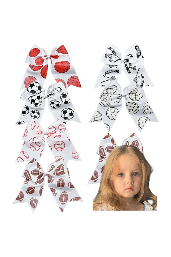 6 Pack 7.9inch JoyBowie Sports Hair Bows Set for Girls, 8 Inch Ball Pattern Ribbon Clips for Kids Game Day Cheerleading Hairstyles