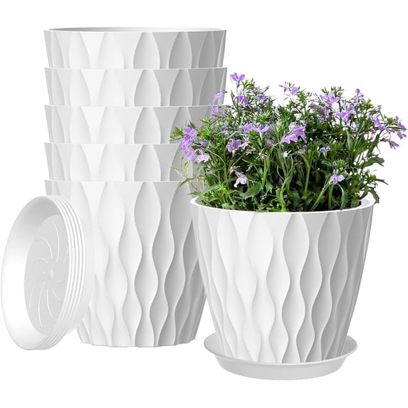 6 Pack 7 Inch Plant Pots with Drainage and Saucers, White Plastic Flower for Indoor Outdoor Plants, Stackable Nursery Planters Houseplants Herbs,