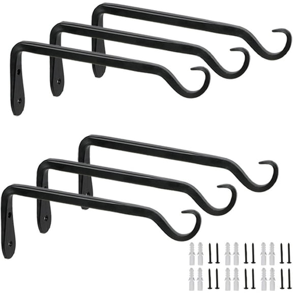 6-Pack 7" Plant Hanger Bracket - Forged Wrought Iron Powder-Coated Heavy Duty Wall Hook - Black Plant Hanging Hooks - Durable and Stable for Bird Feeders, Planters Indoor & Outdoor