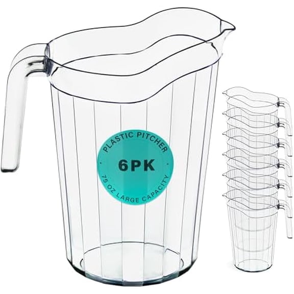 6 Pack - 75 oz Polycarbonate Plastic Pitcher Beverage Dispenser with Pour Spout Shatterproof Catering and Restaurant Serveware for Cold Drinks, Water, Lemonade, Beer, and Sangria (6 Pack)