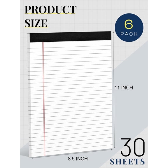 6 Pack 8.5 x 11 Legal Pads for Office Supplies Paper White Note Work Lined Writing Notebook Wide Ruled Notepads 30 Sheets Per Pad