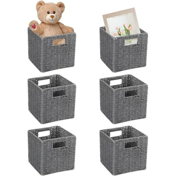 6 Pack 8.7 Inch Wicker Baskets, Hand Woven Paper Rope Storage Baskets, Foldable Cube Storage Bins Organizer Square Wicker Cubes for Shelves Pantry Organizing & Decor (Gray)