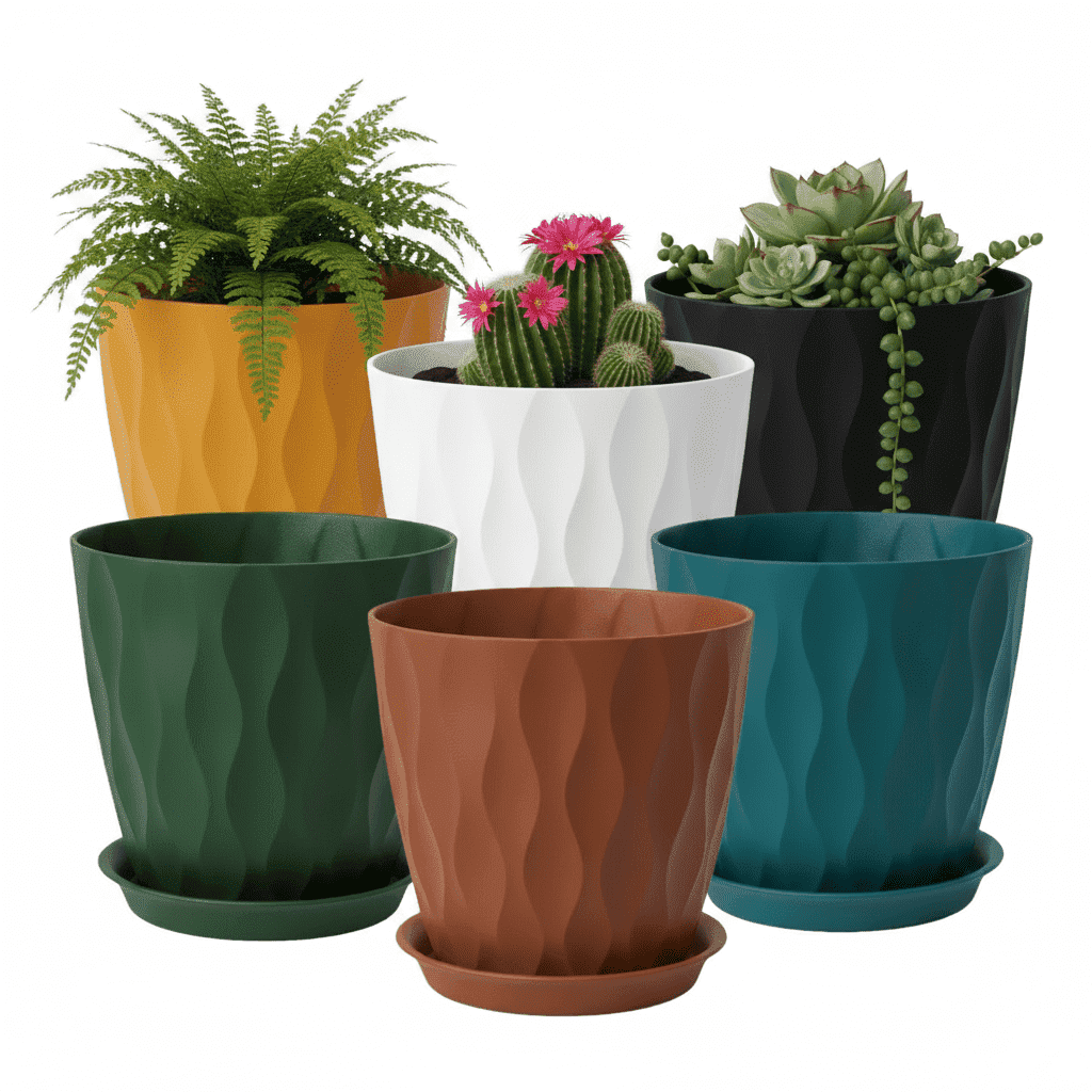 6 Pack 8 Inch Plant Pots , Plastic Flower Pots for Indoor & Outdoor Plants, Planters with Drainage Holes and Saucer(Multicolor)