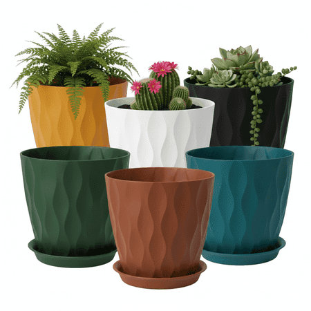 6 Pack 8 Inch Plant Pots , Plastic Flower Pots for Indoor & Outdoor Plants, Planters with Drainage Holes and Saucer(Multicolor)