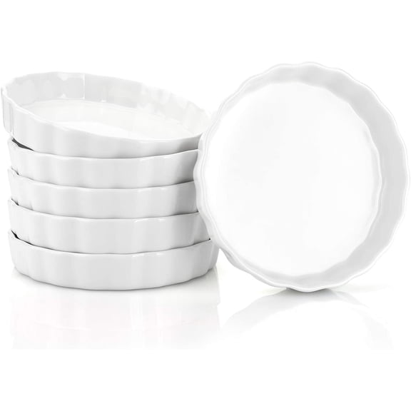 6 Pack 8 Ounce Porcelain Creme Brulee Mini Fluted Quiche Dishes, 6 Inch Tart Pan Round Pie Plates for Baking, Dishwasher and Oven Safe