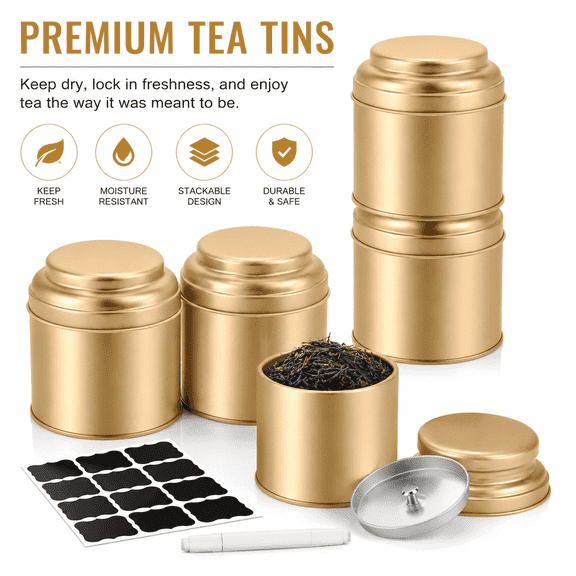 Elmory 6pc tea organizer set, airtight loose tea storage tins, 8oz gold canisters