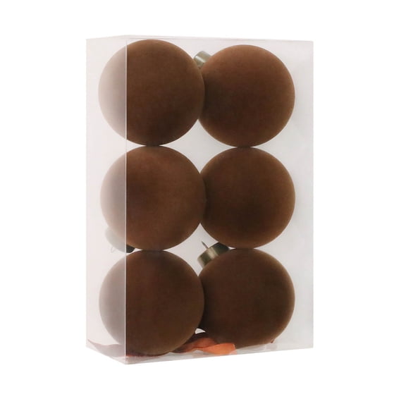 6-Pack 8 cm (3.15 in) Coffee Brown Painted Flocked Christmas Ball Ornaments, Boxed Velvet-Look Hanging Baubles with Decorative Holiday Patterns, Christmas Tree, Wreath, Garland and Holiday Home Decor