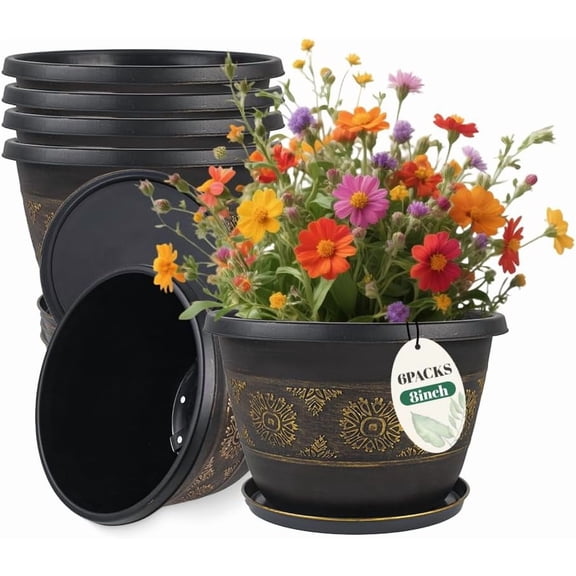6 Pack 8 inch Plant Pots, Retro Pattern Planters with Drainage Holes and Saucer, Sturdy Plastic Garden Flower Pots for Indoor & Outdoor Plants