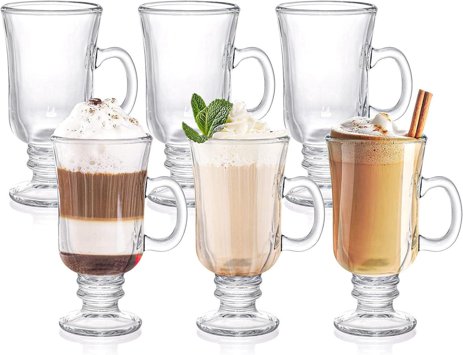 6 Pack 8 oz Clear Glass Coffee Mugs with Handles, Footed Espresso Cups, Borosilicate Glass Goblet Mugs for Latte, Cappuccino, Tea, Hot and Cold Drinks, Dishwasher & Microwave Safe