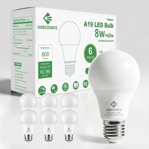 6 Pack 8W Led Light Bulbs Daylight White 5000K, 60 Watt Equivalent Non-Dimmable Light Bulb, A19 Standard Bulbs, E26 Base, 800 LM, Efficient 8 Watt Light Bulb for Living Room, ETL/UL Listed