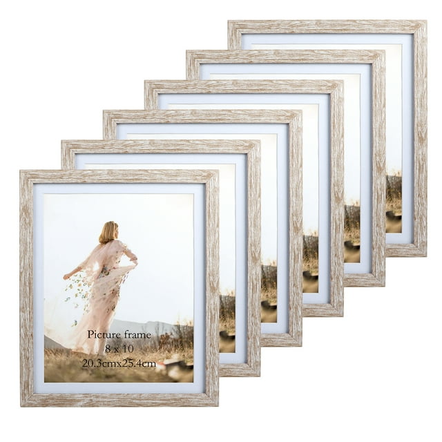 6 Pack Rustic White Wood Grain 8x10 Picture Frames with Mat, Photo Set