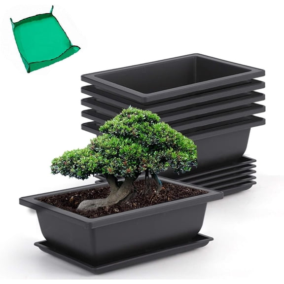 6 Pack 9 Inch Bonsai Pots with Drainage Humidity Trays, Bonsai Tree Training Kits with 1 Repotting Mat, Rectangle Planter Plants Container Growing Pot for Garden Outside Indoor