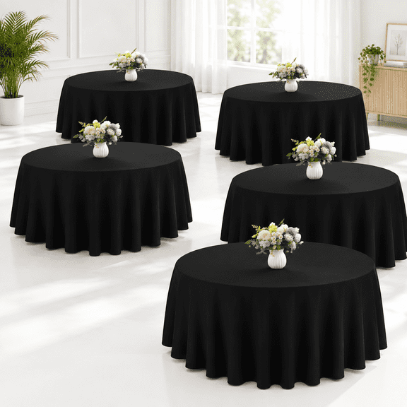 6 Pack 90 Inch Round Black Polyester Tablecloth Bulk Washable Table Covers