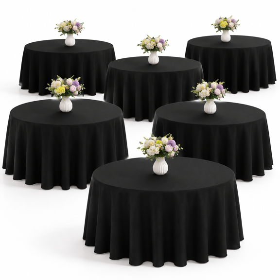 6 Pack 90 Inch Round Black Polyester Tablecloth Bulk Washable Table Covers